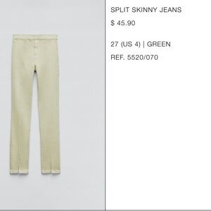 Zara Light Green Split Hem Skinny Denim Jeans Size 27 (4)
